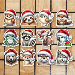 Christmas Animals In Santa Hats - Set Of 12 Vinyl Stickers Waterproof Die Cut